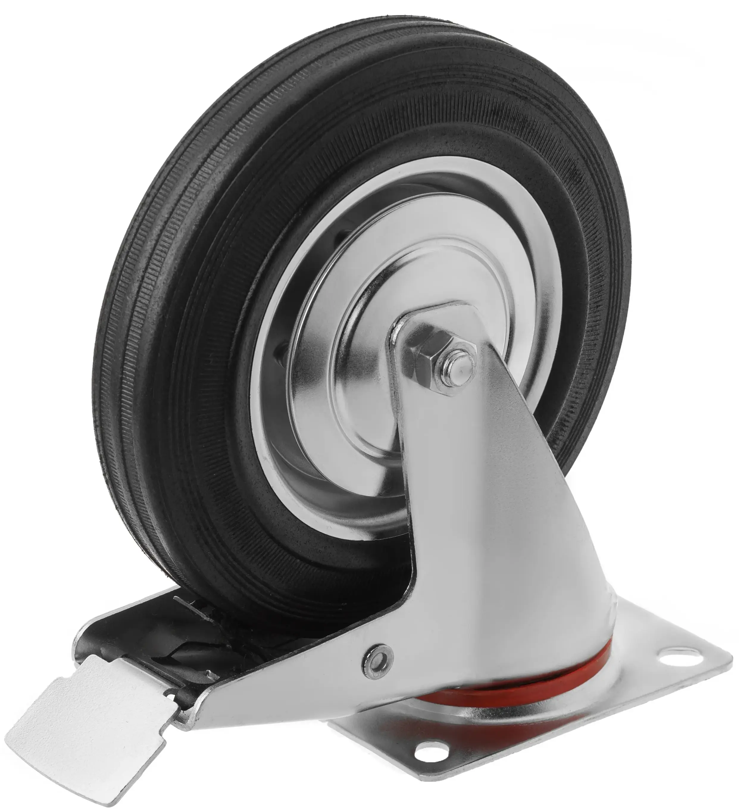 Промышленное колесо, диаметр 200 мм, крепление-поворотная площадка с тормозом, черная резина, роликовый подшипник - SCb 80